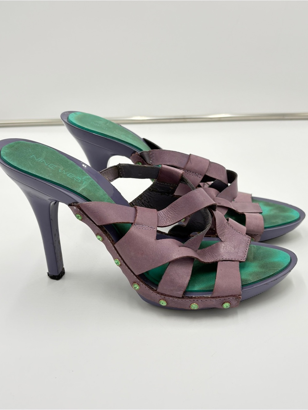 Vintage Y2K 90s Nine West Purple Leather Strappy Platform Stiletto Sandals Sz 9